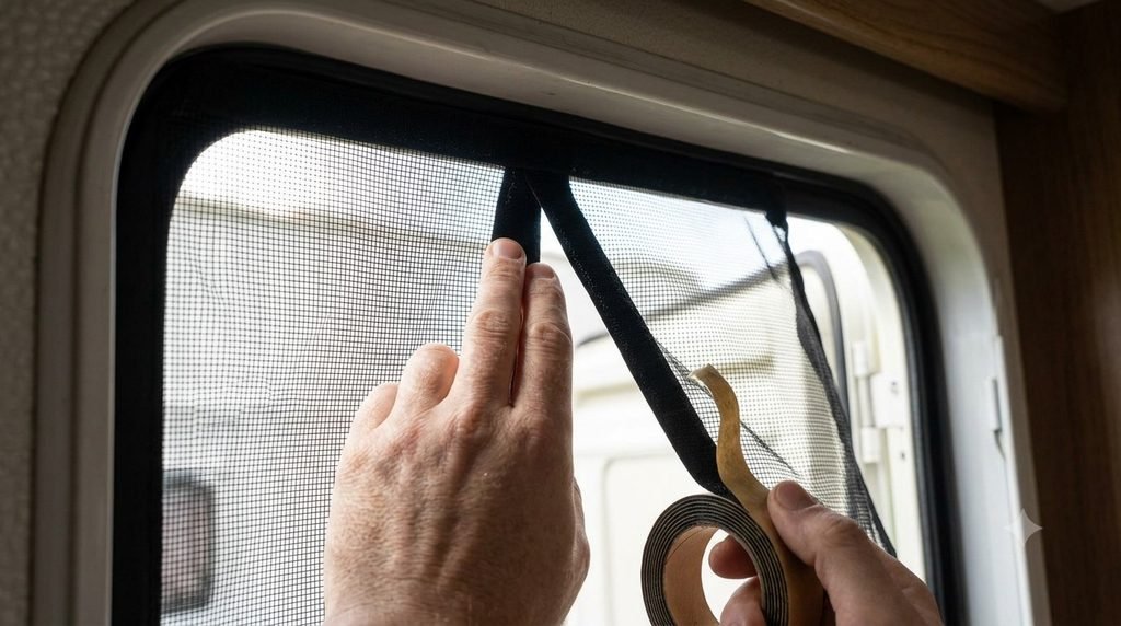 Adhesive fastening strip inside a caravan door frame during magnetic fly screens fitting
