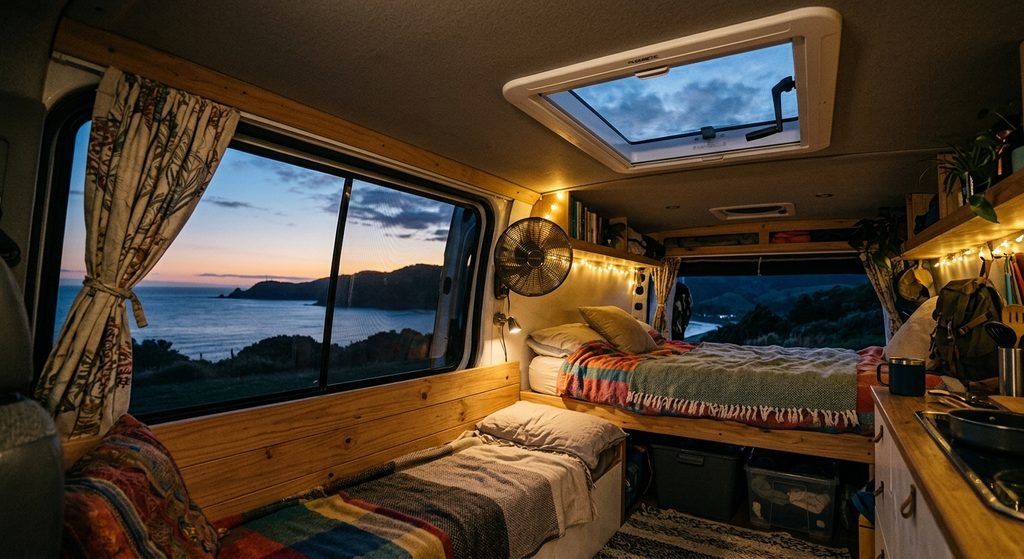 Campervan interior with crossflow air vent windows open for airflow