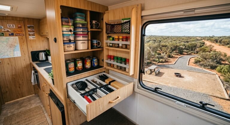 Neatly packed caravan storage secured against rattling on a corrugated Australian road