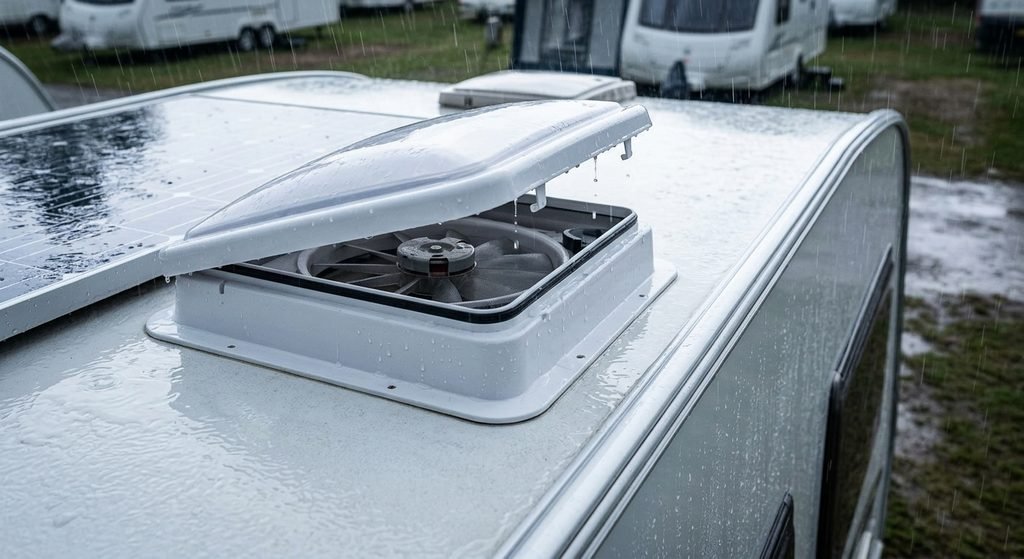 Caravan roof vent cracked open - one of the simplest airflow and cooling tips for caravans in light rain
