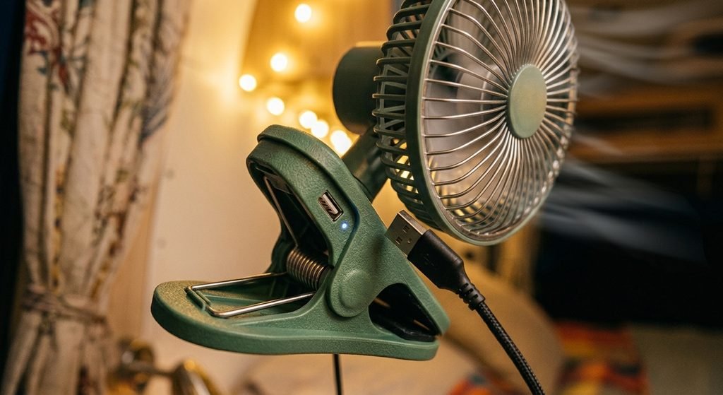 USB rechargeable camp fan clipped inside a van for airflow at night