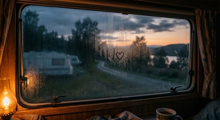 Condensation fogging up a caravan window on a cool Australian morning