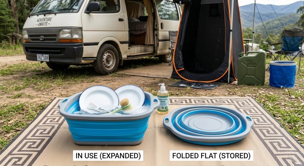 Collapsible wash basin included in a simple van life water setup