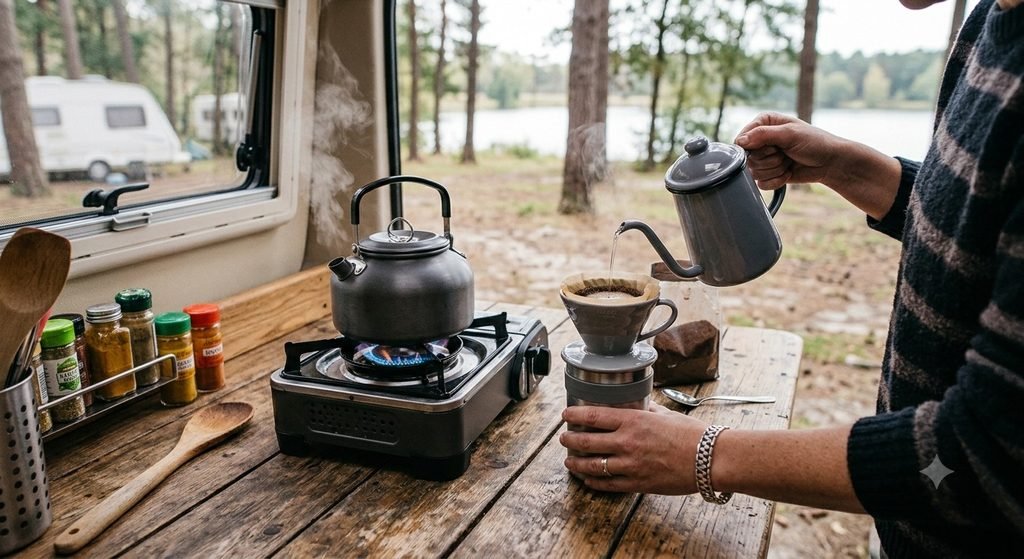 Compact kettle and pour-over set for small caravan kitchens
