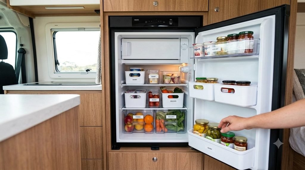 Fridge organizer bins keeping a caravan fridge tidy