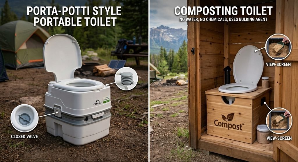 Portable toilet options for van life: porta-potti style toilet next to a composting toilet
