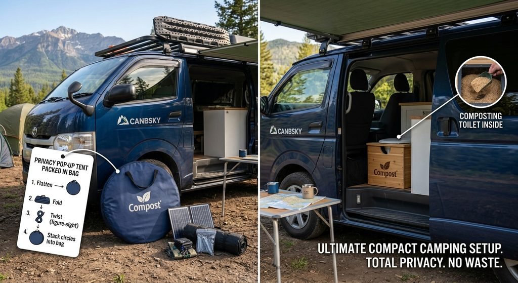 Privacy pop-up tent packed in its bag - part of a complete van life portable toilet setup