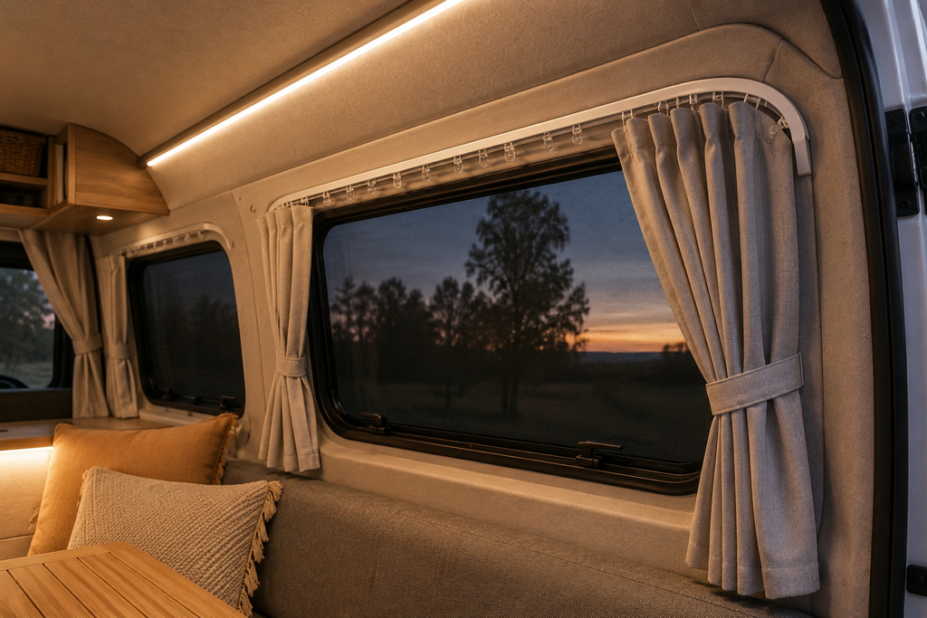 Interior privacy curtain track fitted around a van window