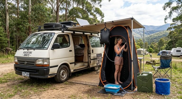 Portable shower, wash basin and grey water container set up for van camping.