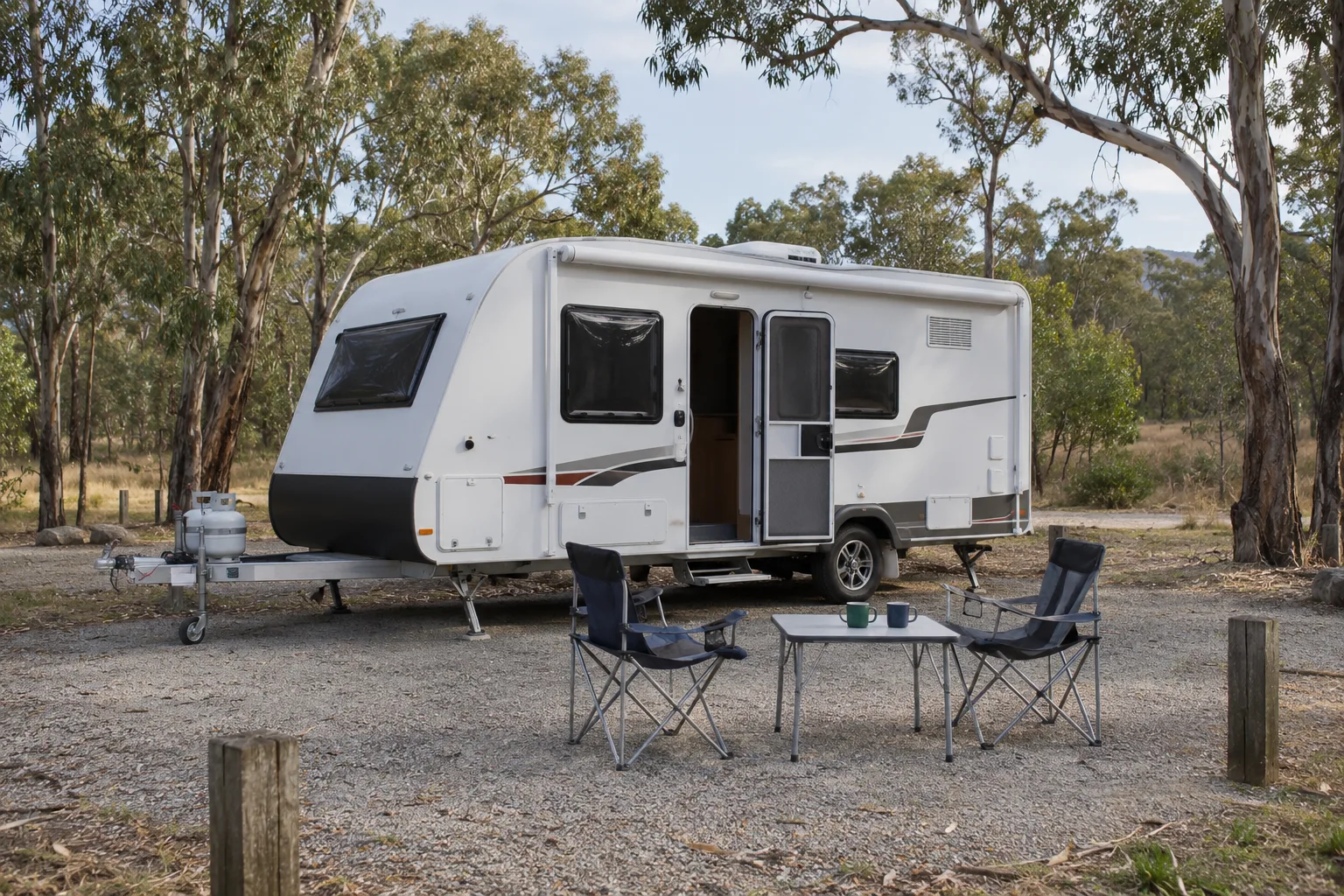 Caravan with two chairs and a small table at a simple bush campsite.