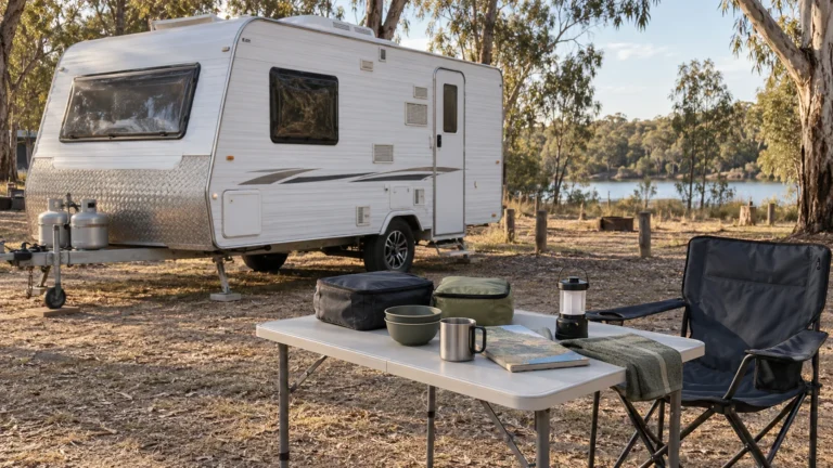 Travel bags and camping essentials on a table beside a caravan at a eucalyptus-lined campsite.