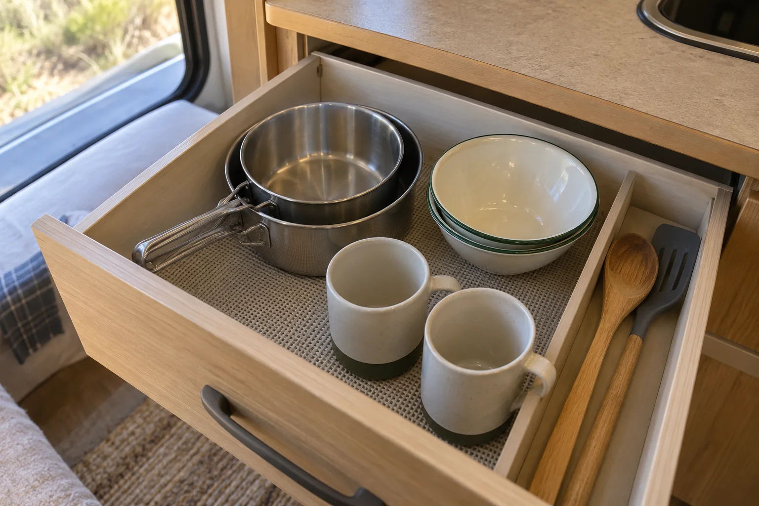 Big Lap packing list kitchen gear: nested cookware and mugs in an open caravan drawer.