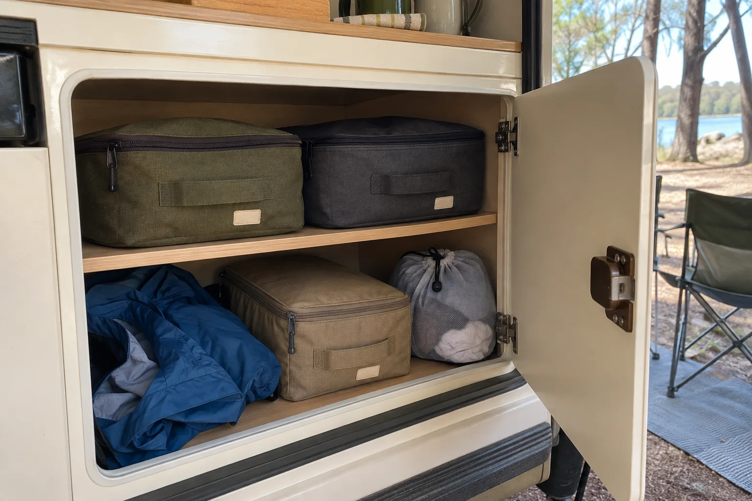 Packing cubes, a jacket and a laundry bag organised in a caravan cupboard.