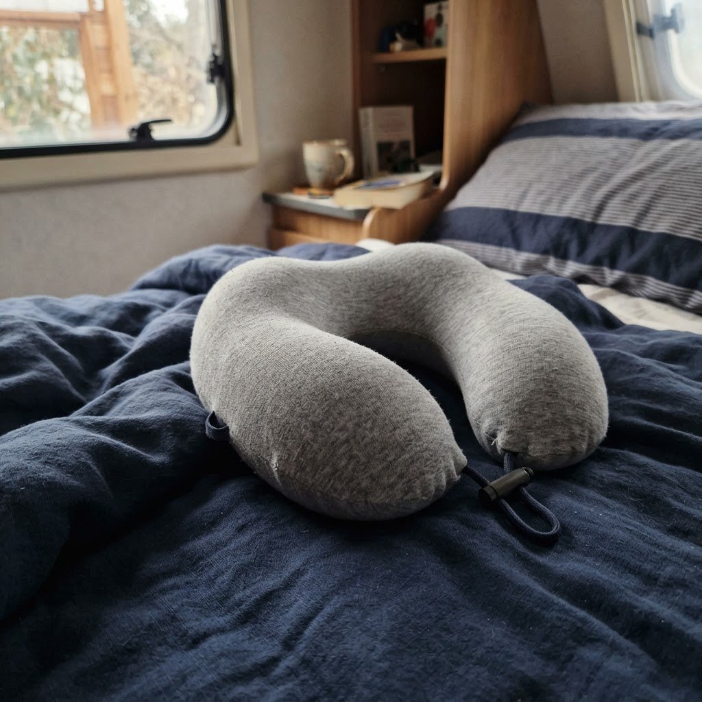 Grey memory foam travel neck pillow resting on made navy bedding in a caravan